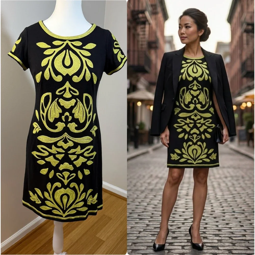 INC Petite Black Pima Cotton Embroidered Sheath Dress PS date night‎